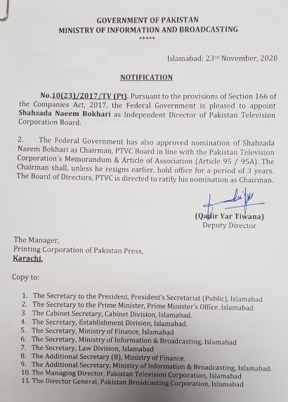 Naeem Bokhari named independent director, chairperson PTV board